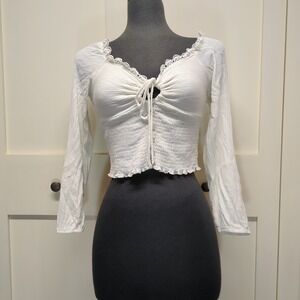 White Milkmaid Coquette Crop Top Tie Front Smocked Long Sleeve Lace Trim Medium